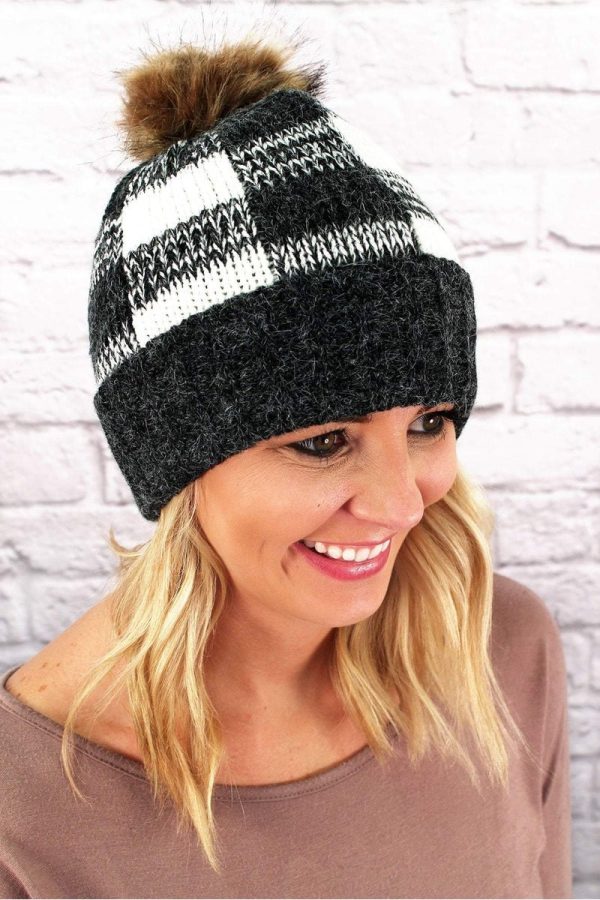 25% OFF! L.I.B. New York Buffalo Plaid Fleece Lined Pom Pom Beanie, Black Supply