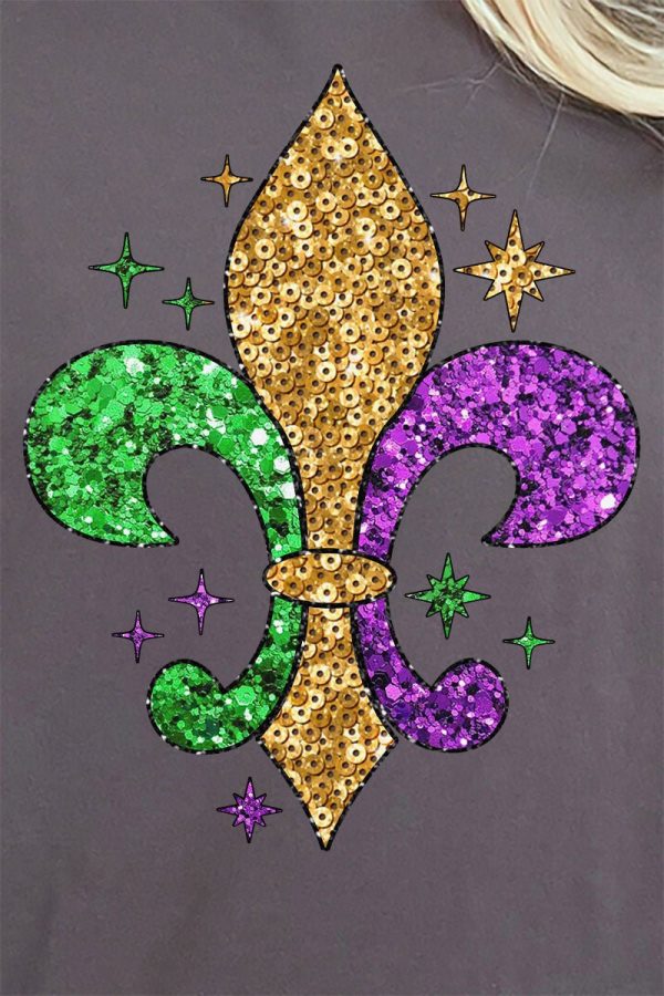 Mardi Gras Fleur De Lis Faux Sequin Transfer Short Sleeve Relaxed Fit T-Shirt on Sale - Image 2