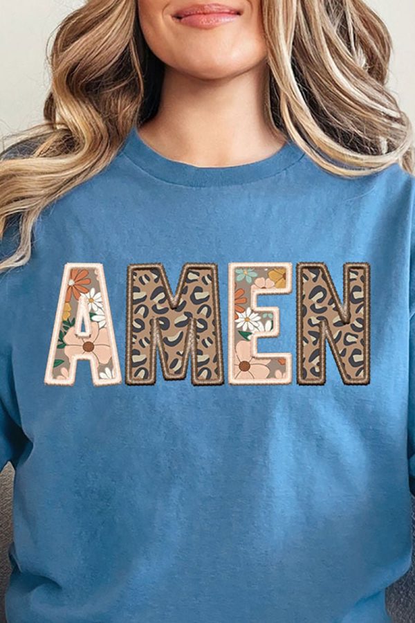 Boho Amen Faux Embroidery Transfer Short Sleeve Relaxed Fit T-Shirt For Sale - Image 2