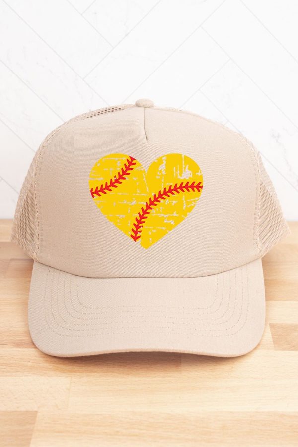Distressed Softball Heart Twill Front Mesh Trucker Cap Fashion